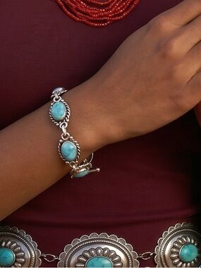 Vintage Sterling Silver Natural Larimar (7)-Gemstone Tennis Light Blue Bracelet